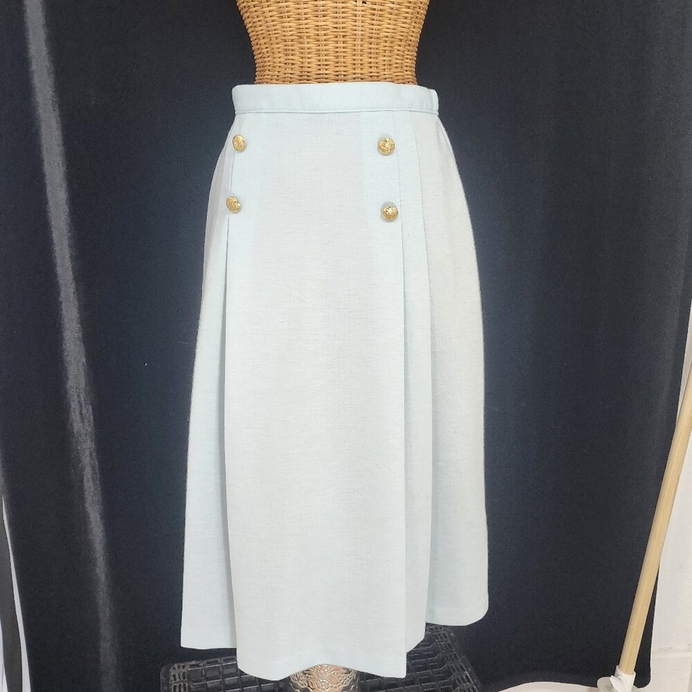 Vintage ILGWU Union Made Powder Blue Pleated & Button Skirt 26.5"" plus stretch